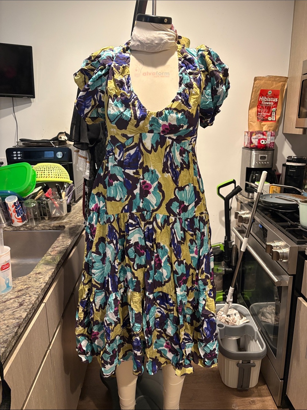 Anthropologie Olive, Teal and Purple Floral Tiered Midi Dress